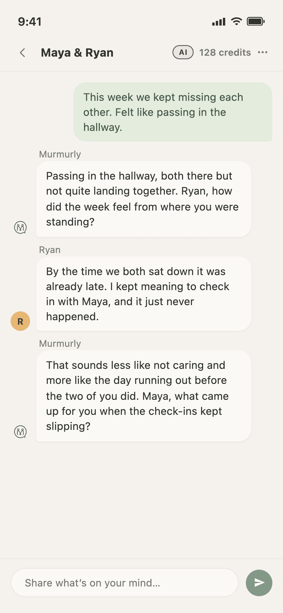 A phone showing a shared Murmurly space named Maya and Ryan. Both partners write about missing each other during a busy week, and Murmurly responds to each of them in turn.